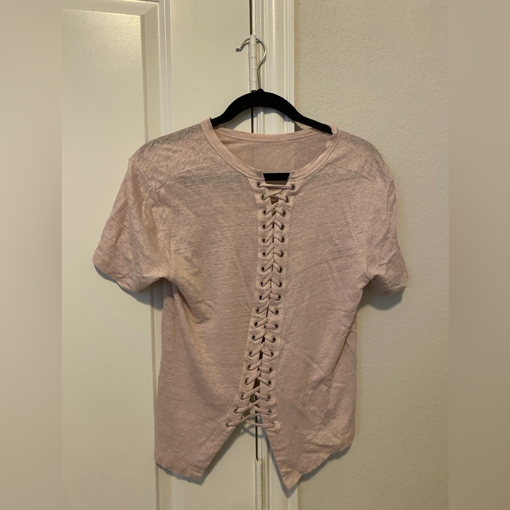 ALC Alber Lace Up Blouse Top Shirt Womens Small Pale Pink Short Sleeve size M